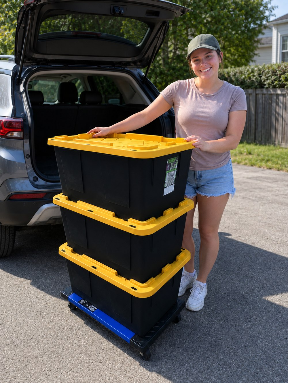 Hometown Tote Rental customer with a stack of three totes on a dolly next to her SUV