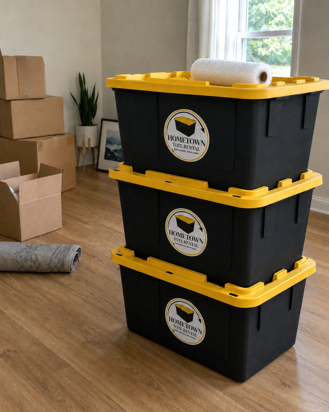 Stack of three black and yellow Hometown Tote Rental totes staged in a home with moving boxes, ready to give as a realtor closing gift